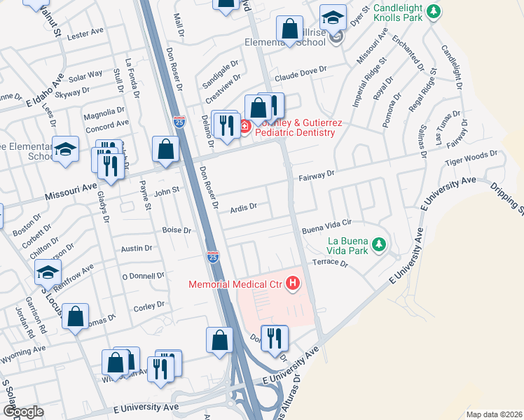 map of restaurants, bars, coffee shops, grocery stores, and more near 2715 Ardis Drive in Las Cruces