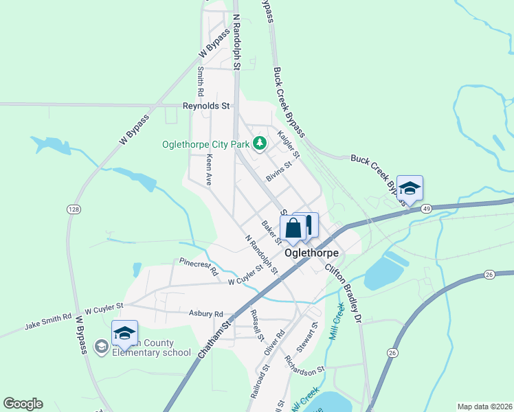 map of restaurants, bars, coffee shops, grocery stores, and more near 400 Baker Street in Oglethorpe