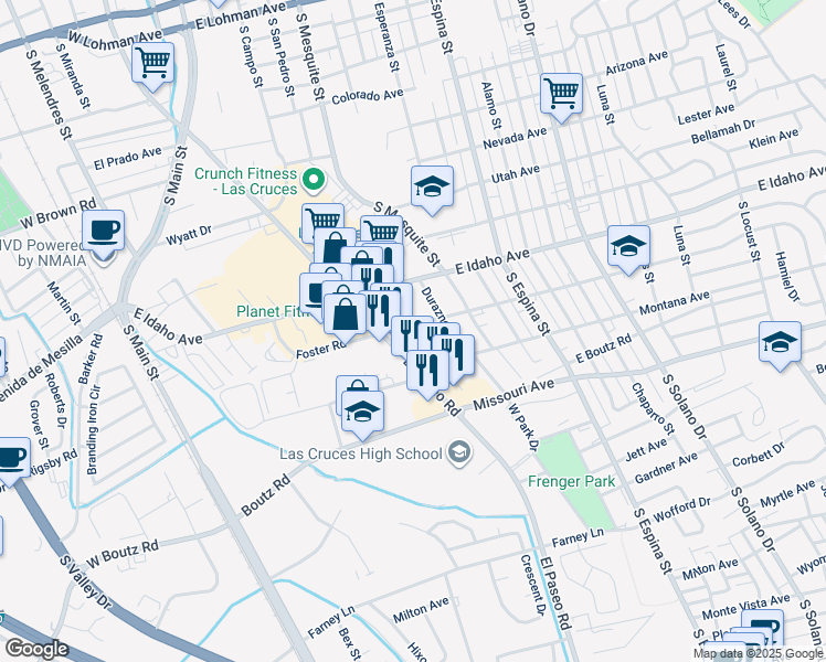 map of restaurants, bars, coffee shops, grocery stores, and more near 520 Foster Road in Las Cruces