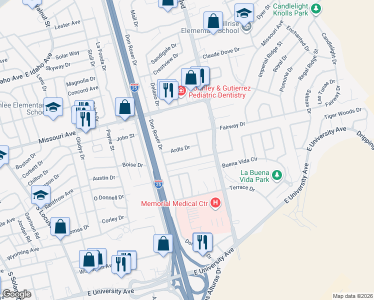 map of restaurants, bars, coffee shops, grocery stores, and more near 2715 Ardis Drive in Las Cruces