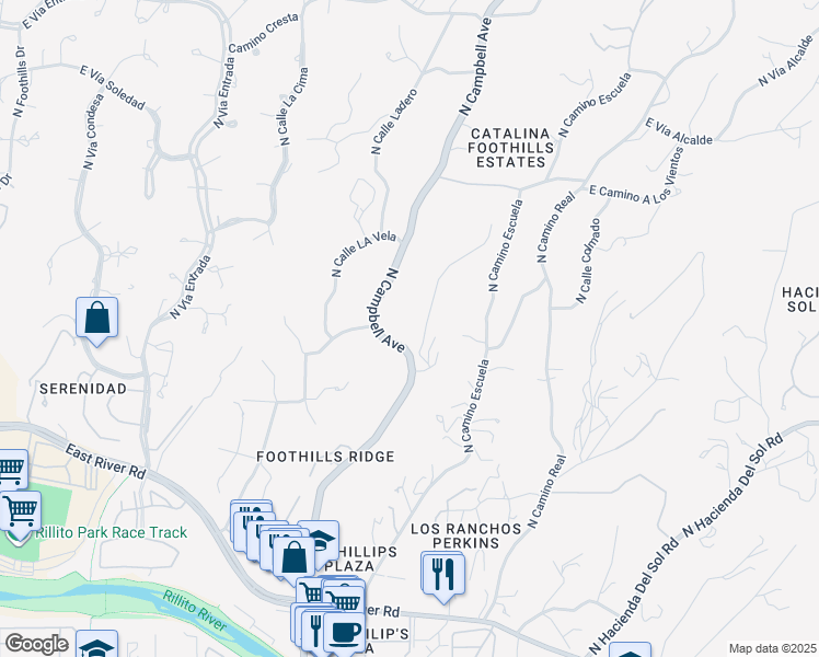 map of restaurants, bars, coffee shops, grocery stores, and more near 4850 North Campbell Avenue in Tucson