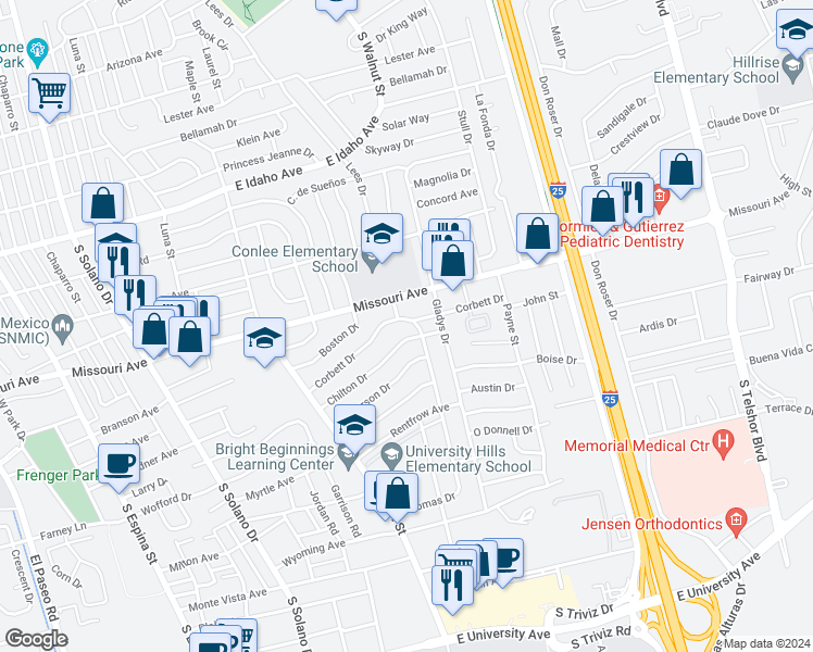 map of restaurants, bars, coffee shops, grocery stores, and more near 2040 Corbett Drive in Las Cruces