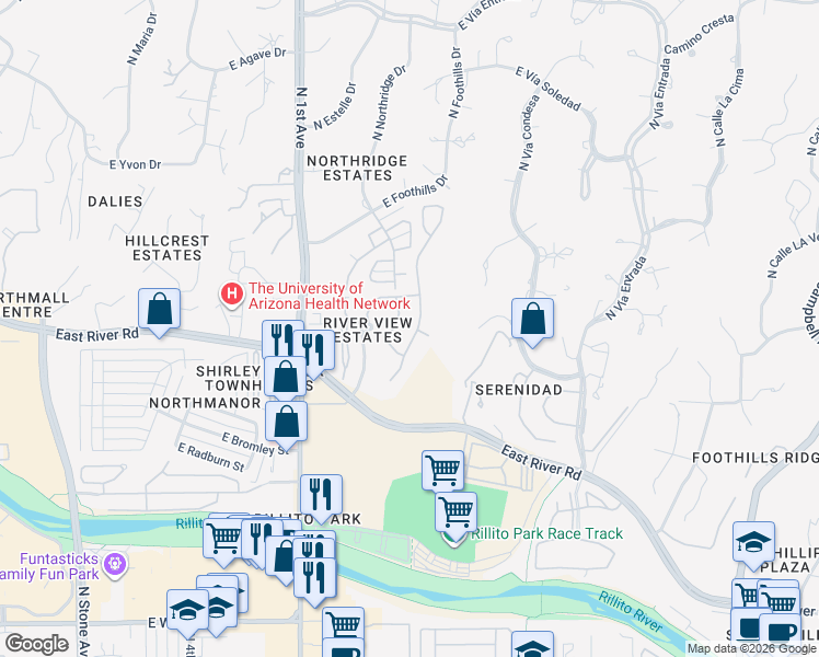 map of restaurants, bars, coffee shops, grocery stores, and more near 4937 North Louis River Way in Tucson