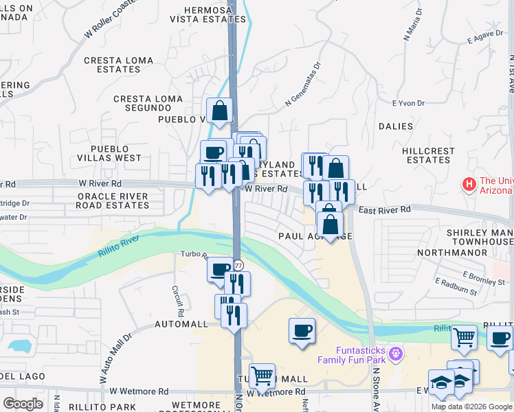 map of restaurants, bars, coffee shops, grocery stores, and more near 109-199 West River Road in Tucson