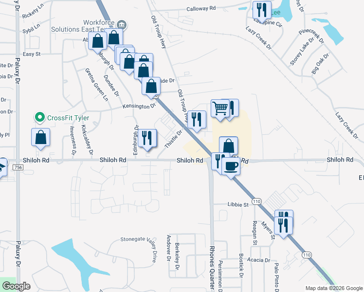 map of restaurants, bars, coffee shops, grocery stores, and more near 4920 Thistle Drive in Tyler
