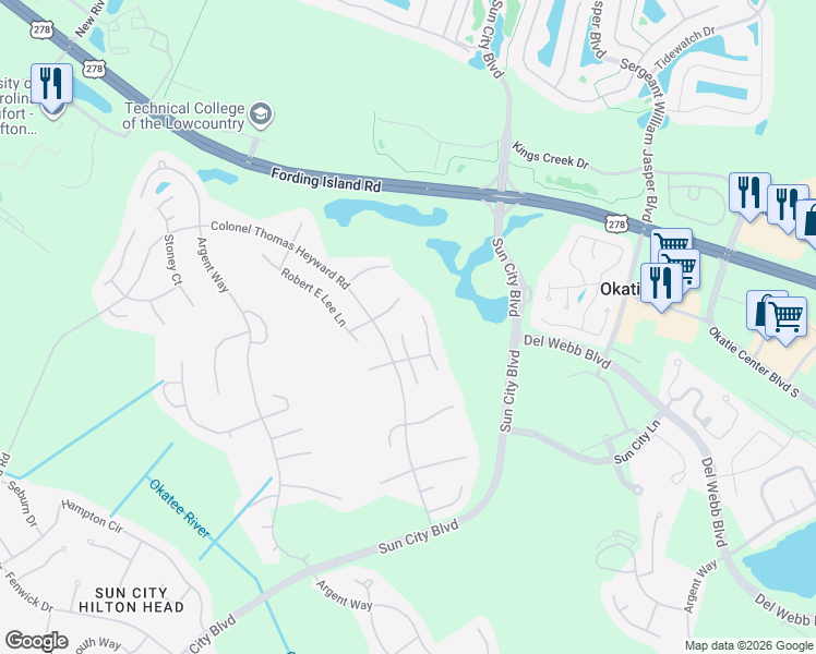 map of restaurants, bars, coffee shops, grocery stores, and more near 130 General Hardee Way in Bluffton