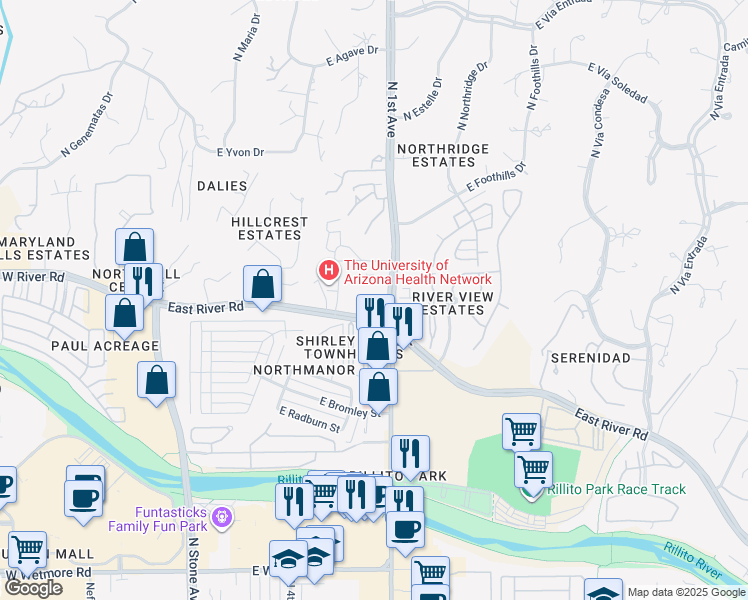 map of restaurants, bars, coffee shops, grocery stores, and more near 655 East River Road in Tucson