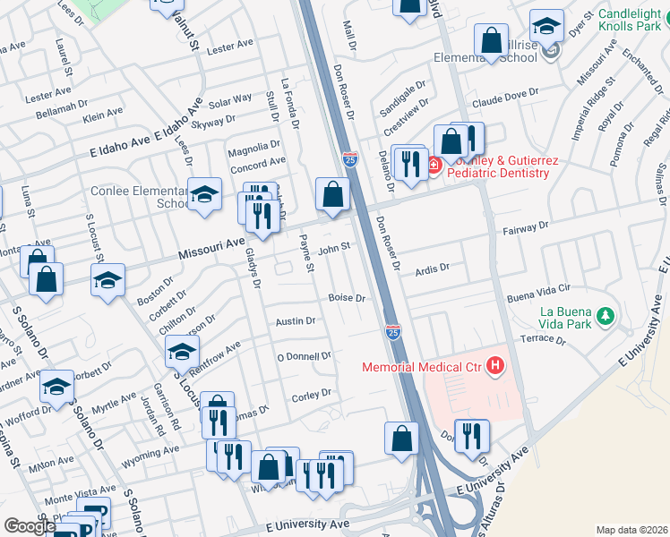 map of restaurants, bars, coffee shops, grocery stores, and more near 1837 Newton Street in Las Cruces