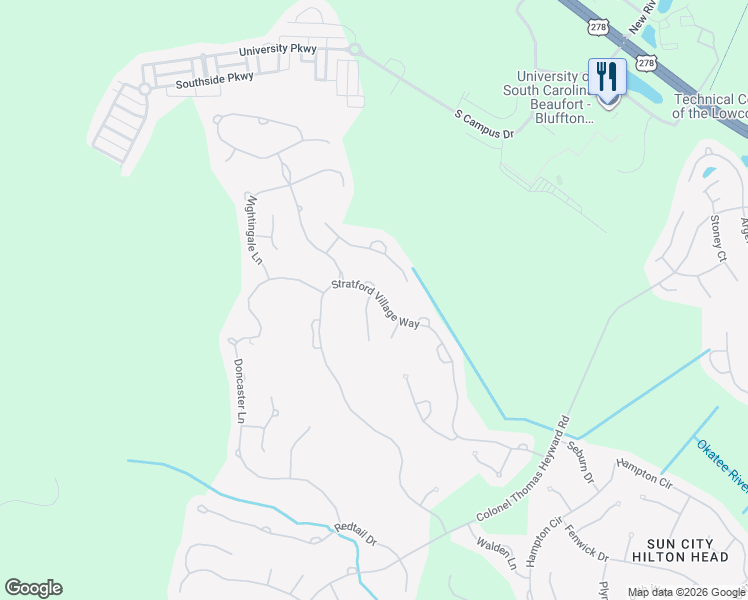 map of restaurants, bars, coffee shops, grocery stores, and more near 1 Sunflower Lane in Bluffton