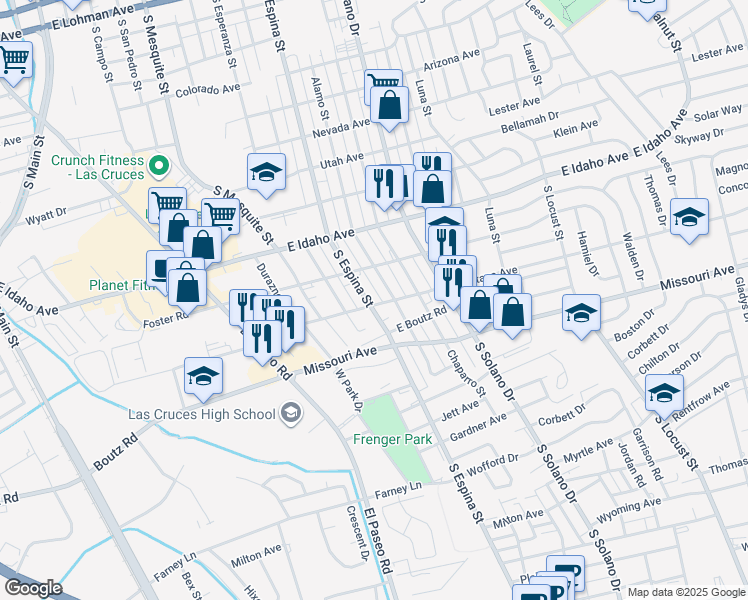 map of restaurants, bars, coffee shops, grocery stores, and more near 1445 South Espina Street in Las Cruces