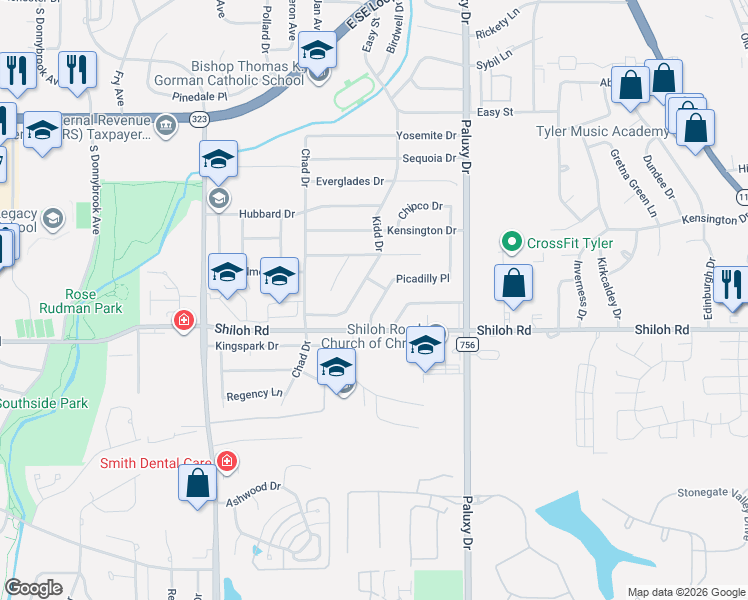 map of restaurants, bars, coffee shops, grocery stores, and more near 4805 Picadilly Place in Tyler
