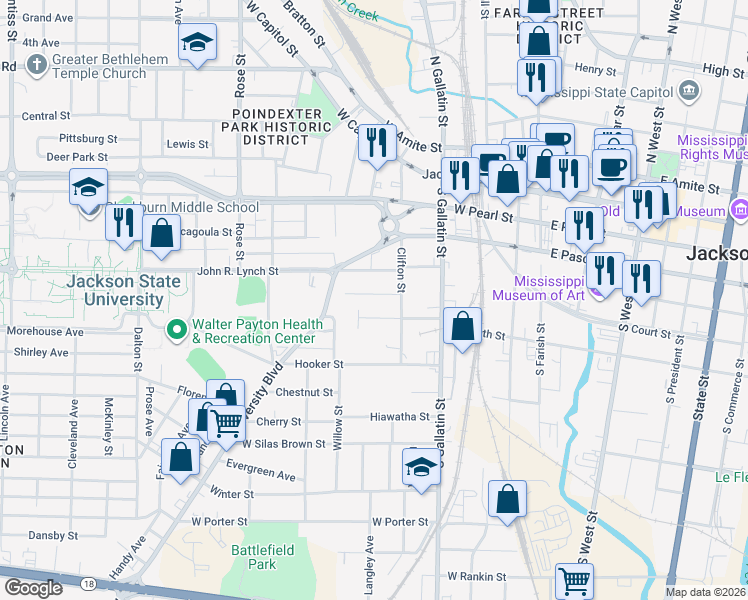 map of restaurants, bars, coffee shops, grocery stores, and more near 435 Clifton Street in Jackson