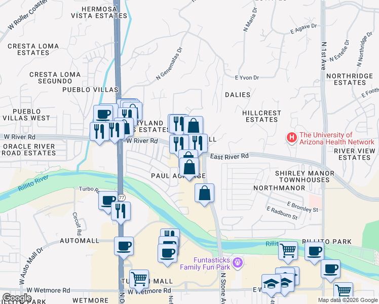 map of restaurants, bars, coffee shops, grocery stores, and more near 44 West River Road in Tucson