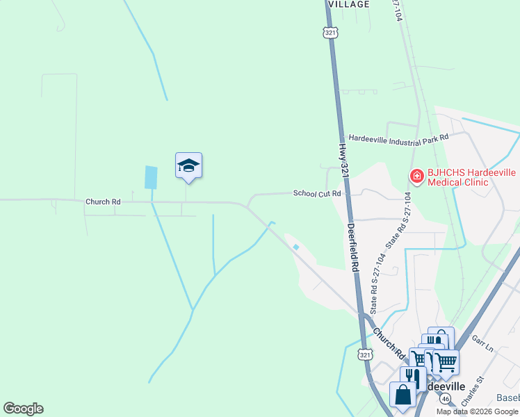 map of restaurants, bars, coffee shops, grocery stores, and more near 1104 Church Road in Hardeeville
