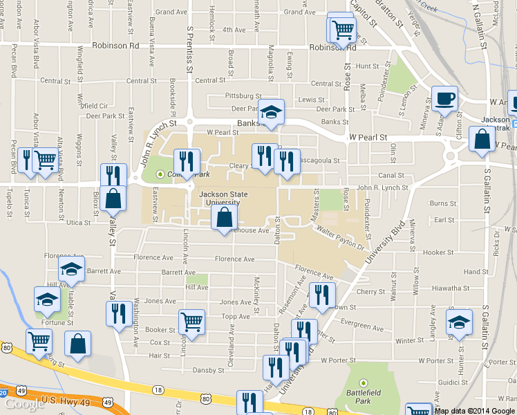 map of restaurants, bars, coffee shops, grocery stores, and more near 1199 Smith Street in Jackson