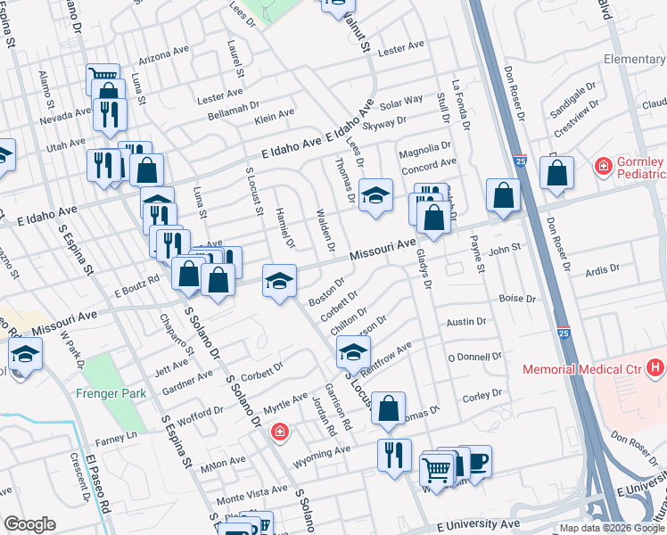 map of restaurants, bars, coffee shops, grocery stores, and more near 1940 Missouri Avenue in Las Cruces