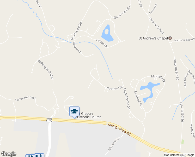 map of restaurants, bars, coffee shops, grocery stores, and more near 50 Stratford Drive in Bluffton