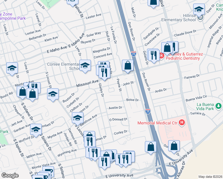 map of restaurants, bars, coffee shops, grocery stores, and more near 2250 Missouri Avenue in Las Cruces