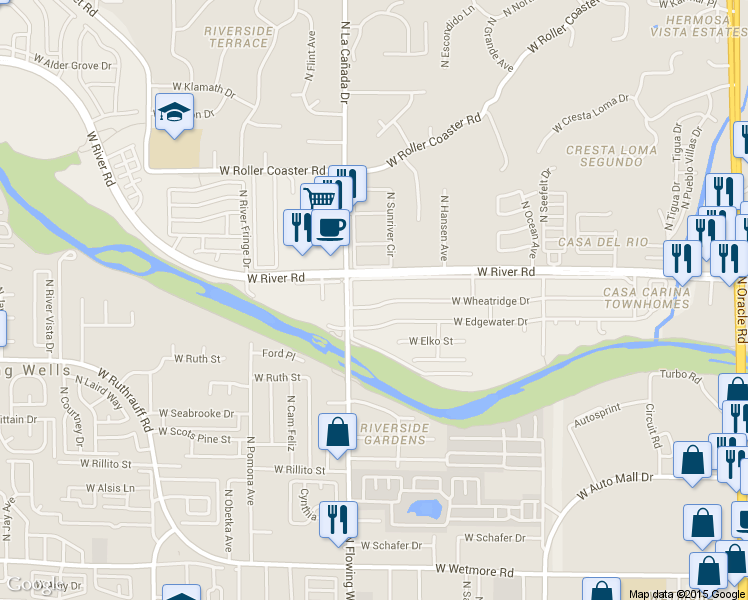 map of restaurants, bars, coffee shops, grocery stores, and more near 1324 West Wheatridge Drive in Tucson
