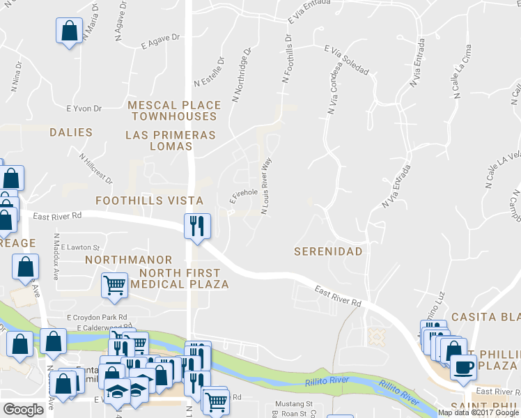 map of restaurants, bars, coffee shops, grocery stores, and more near 4937 North Louis River Way in Tucson