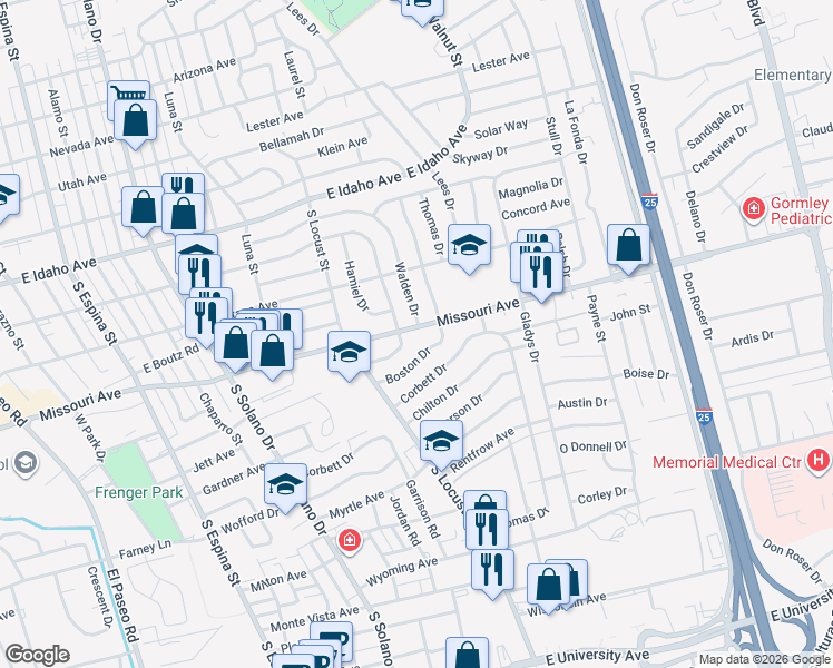 map of restaurants, bars, coffee shops, grocery stores, and more near 1940 Missouri Avenue in Las Cruces