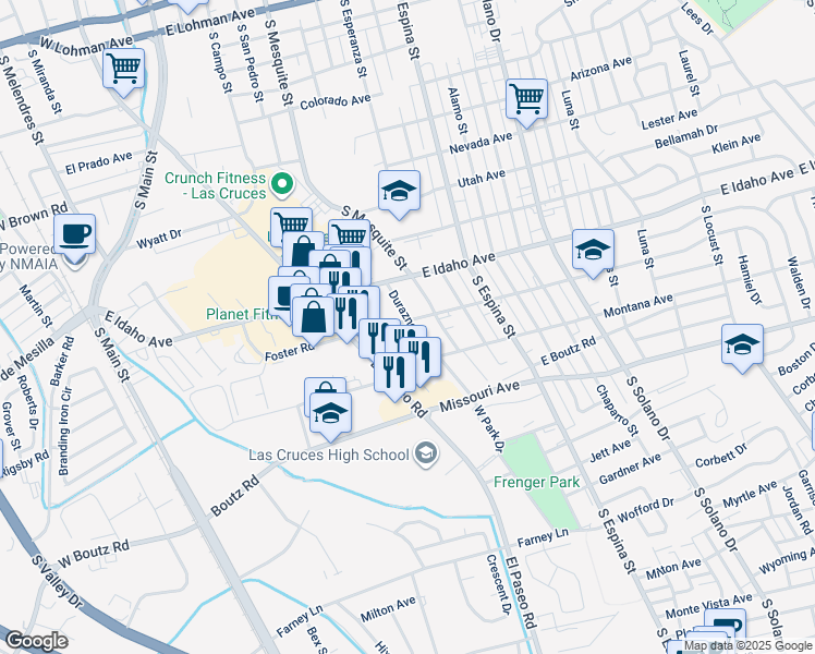 map of restaurants, bars, coffee shops, grocery stores, and more near 520 Foster Road in Las Cruces