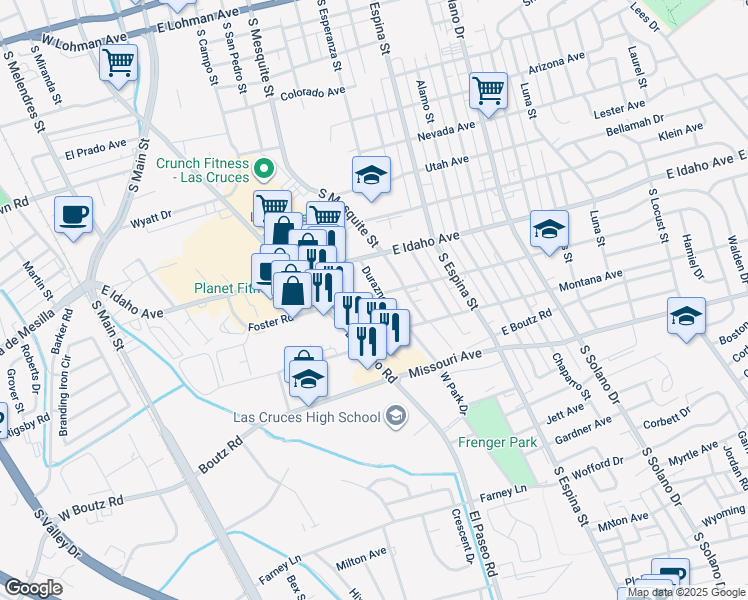 map of restaurants, bars, coffee shops, grocery stores, and more near 610 Foster Road in Las Cruces