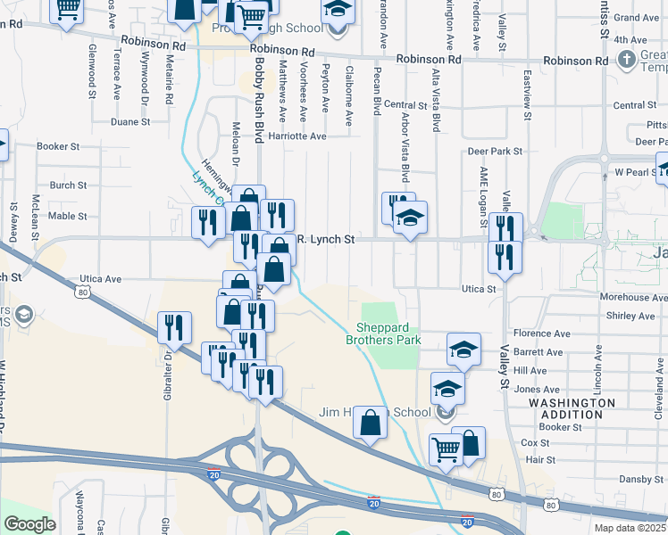 map of restaurants, bars, coffee shops, grocery stores, and more near 1512 Aberdeen Street in Jackson