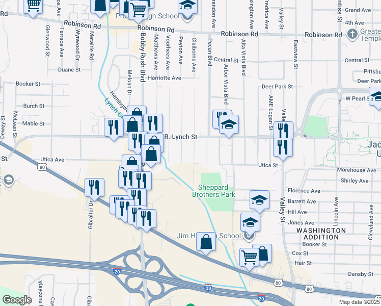 map of restaurants, bars, coffee shops, grocery stores, and more near 1512 Aberdeen Street in Jackson