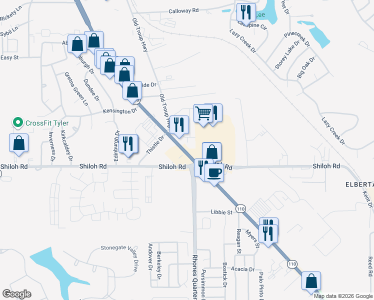 map of restaurants, bars, coffee shops, grocery stores, and more near 5012 Troup Highway in Tyler
