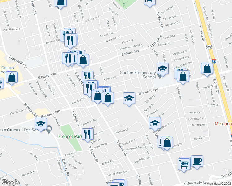 map of restaurants, bars, coffee shops, grocery stores, and more near 1510 Andrews Drive in Las Cruces