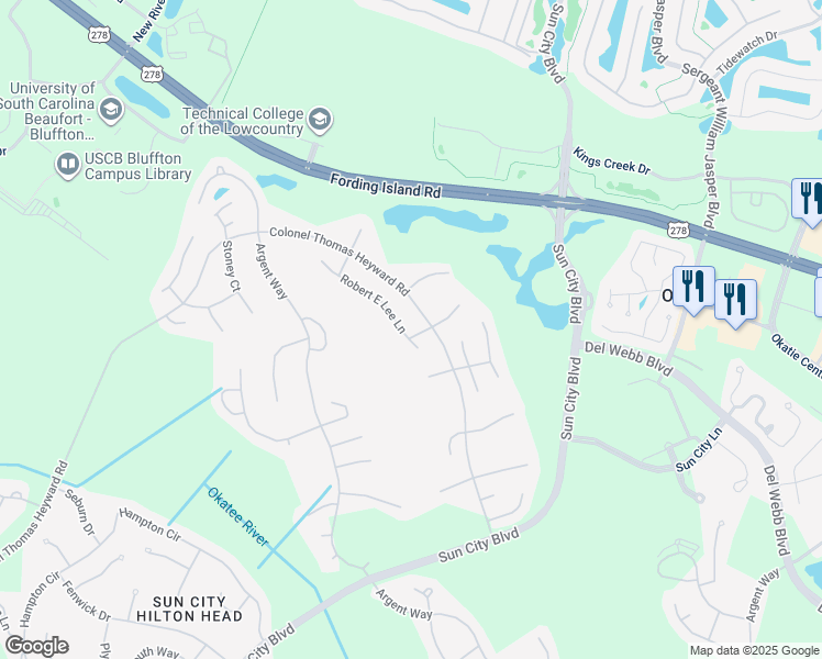 map of restaurants, bars, coffee shops, grocery stores, and more near 119 Robert E Lee Lane in Bluffton