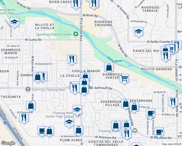 map of restaurants, bars, coffee shops, grocery stores, and more near 4917 North Jay Avenue in Tucson
