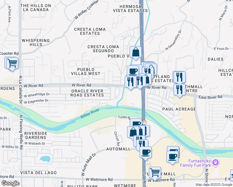 map of restaurants, bars, coffee shops, grocery stores, and more near 4968 North Plaza Amor in Tucson