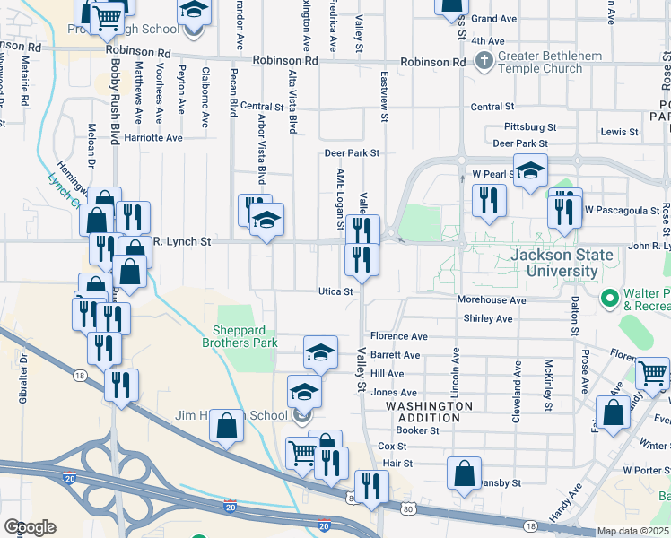 map of restaurants, bars, coffee shops, grocery stores, and more near 1235 AME Logan Street in Jackson