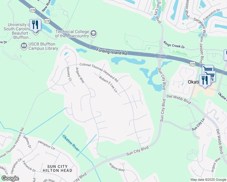 map of restaurants, bars, coffee shops, grocery stores, and more near 119 Robert E Lee Lane in Bluffton
