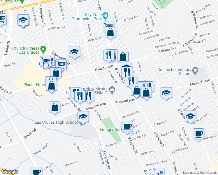 map of restaurants, bars, coffee shops, grocery stores, and more near 1460 Alamo Street in Las Cruces