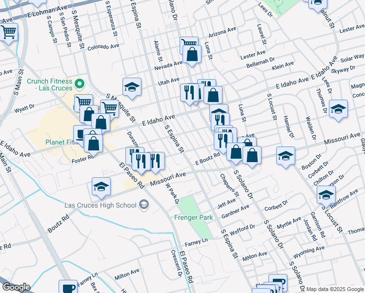 map of restaurants, bars, coffee shops, grocery stores, and more near 1445 South Espina Street in Las Cruces