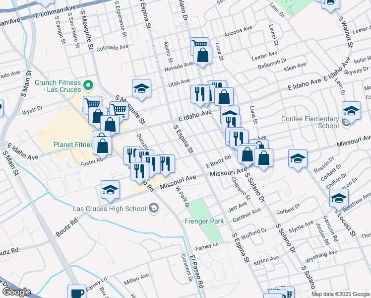 map of restaurants, bars, coffee shops, grocery stores, and more near 1445 South Espina Street in Las Cruces