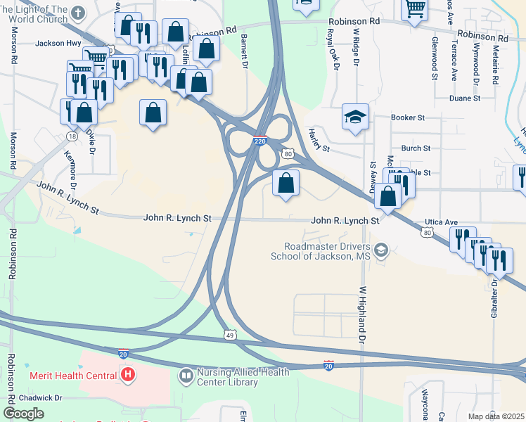 map of restaurants, bars, coffee shops, grocery stores, and more near 3402-3748 John R. Lynch Street in Jackson