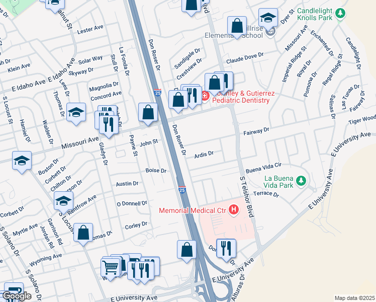 map of restaurants, bars, coffee shops, grocery stores, and more near 2033 Don Roser Drive in Las Cruces