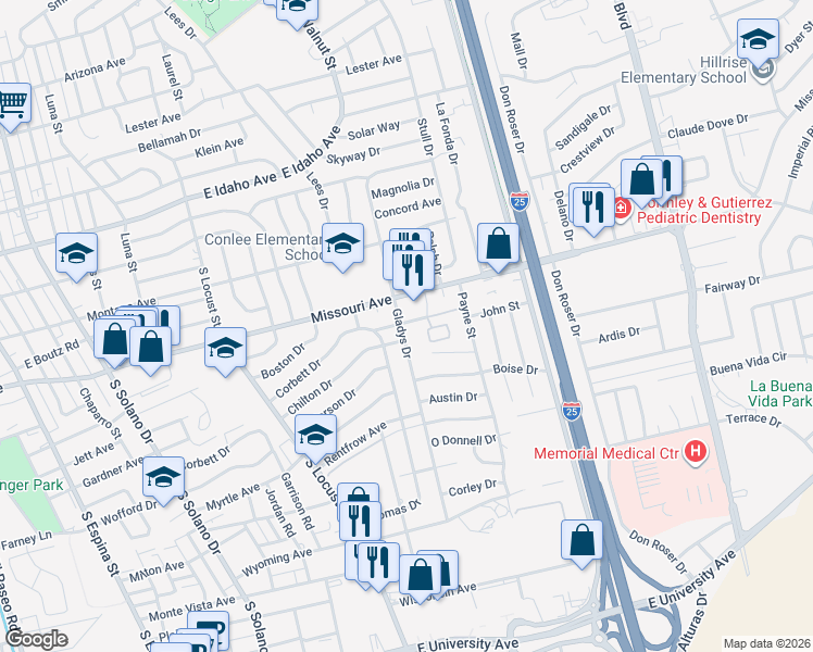 map of restaurants, bars, coffee shops, grocery stores, and more near 1845 Gladys Drive in Las Cruces