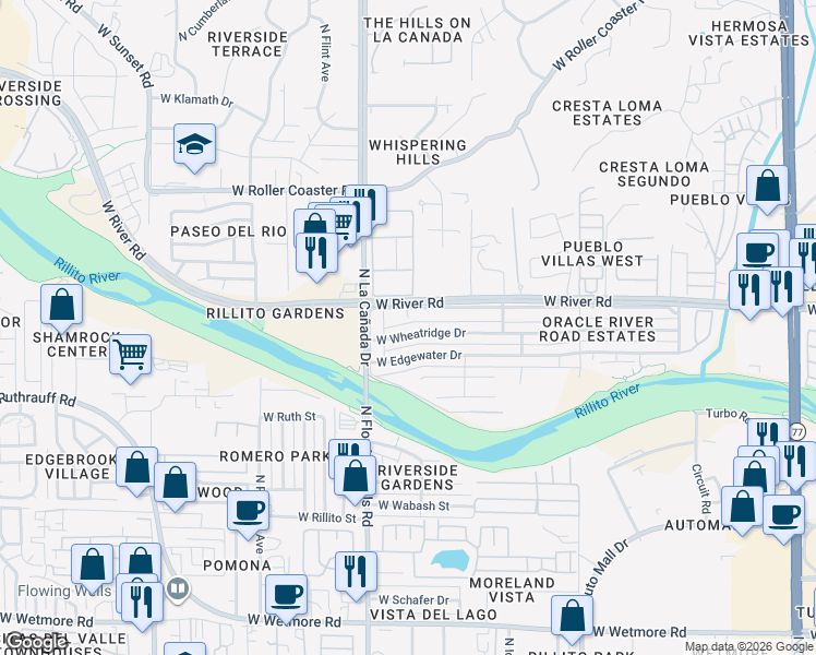 map of restaurants, bars, coffee shops, grocery stores, and more near 1308 West Wheatridge Drive in Tucson