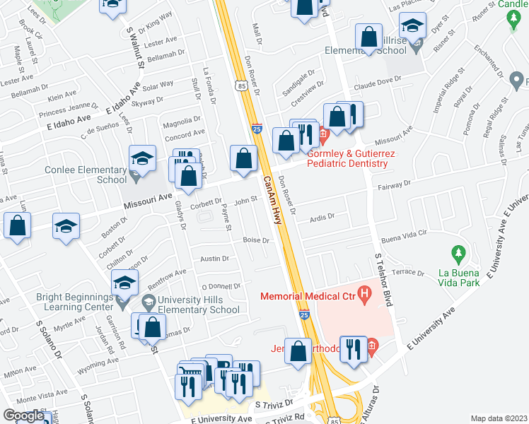 map of restaurants, bars, coffee shops, grocery stores, and more near 1828 South Triviz Drive in Las Cruces