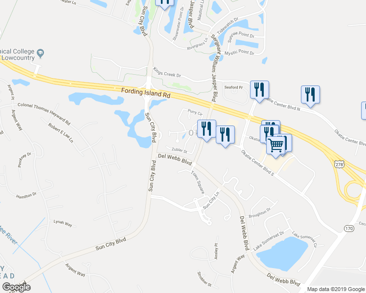map of restaurants, bars, coffee shops, grocery stores, and more near 18 Bourquine Way in Bluffton