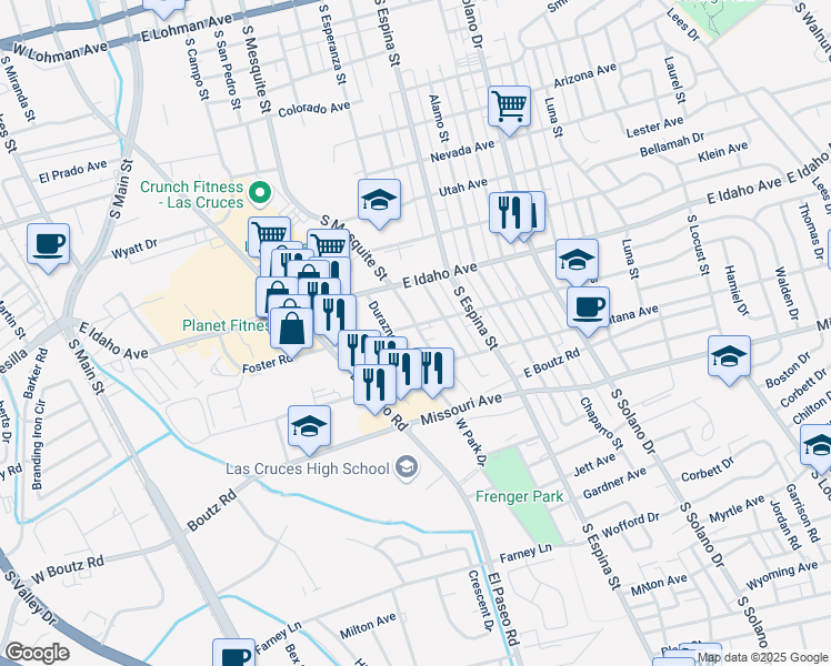 map of restaurants, bars, coffee shops, grocery stores, and more near 706 Foster Road in Las Cruces
