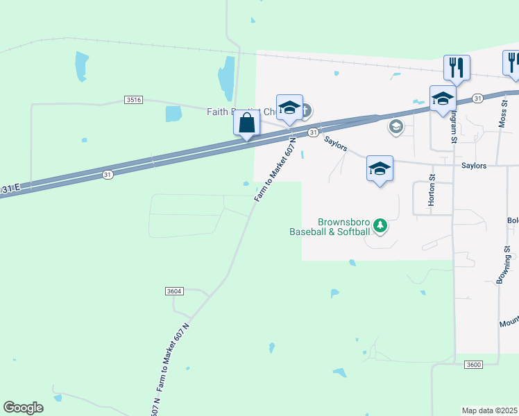map of restaurants, bars, coffee shops, grocery stores, and more near 10914 Farm to Market 607 North in Brownsboro