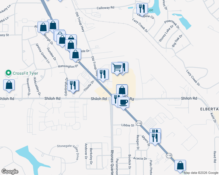 map of restaurants, bars, coffee shops, grocery stores, and more near 5012 Troup Highway in Tyler
