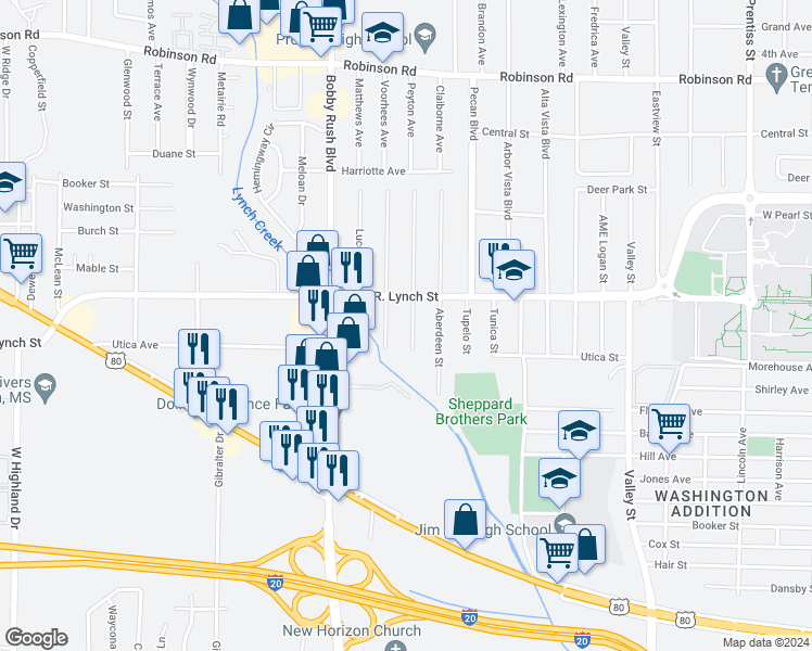 map of restaurants, bars, coffee shops, grocery stores, and more near 1223 Corinth Street in Jackson