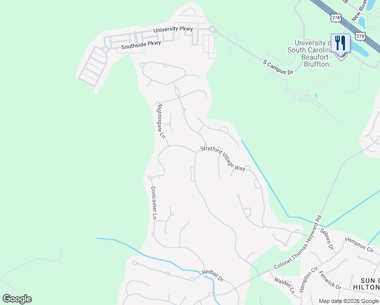 map of restaurants, bars, coffee shops, grocery stores, and more near 1 Doncaster Lane in Bluffton